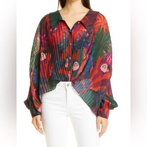 FARM RIO Bird Flowers Pleated Long Sleeve Shirt sz L
